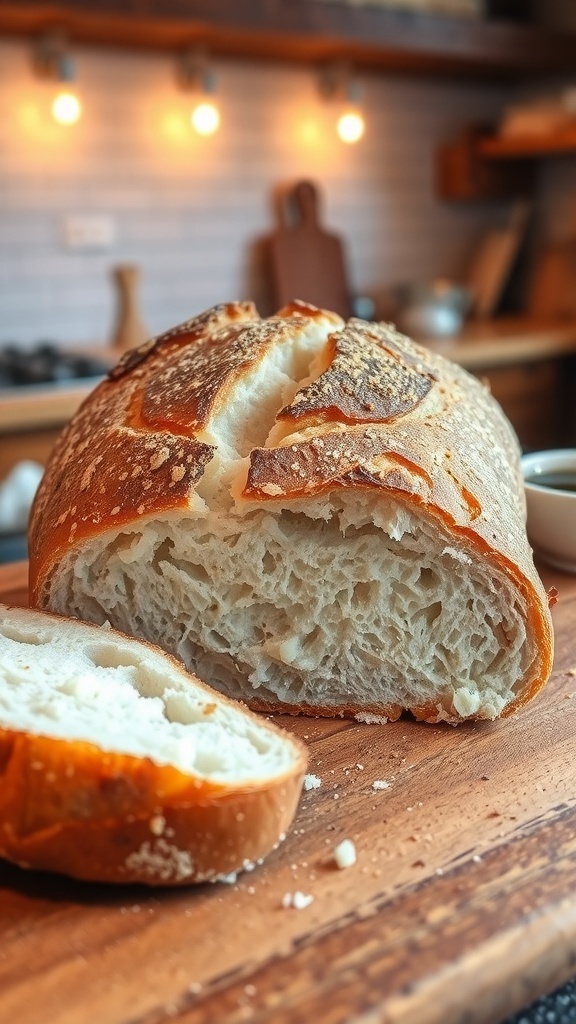 A crusty loaf of bread sliced open, showing its soft interior, on a wooden board with olive oil and balsamic vinegar.